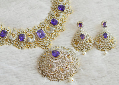 Two tone diamond look alike big cz purple peacock bridal necklace set dj-49045