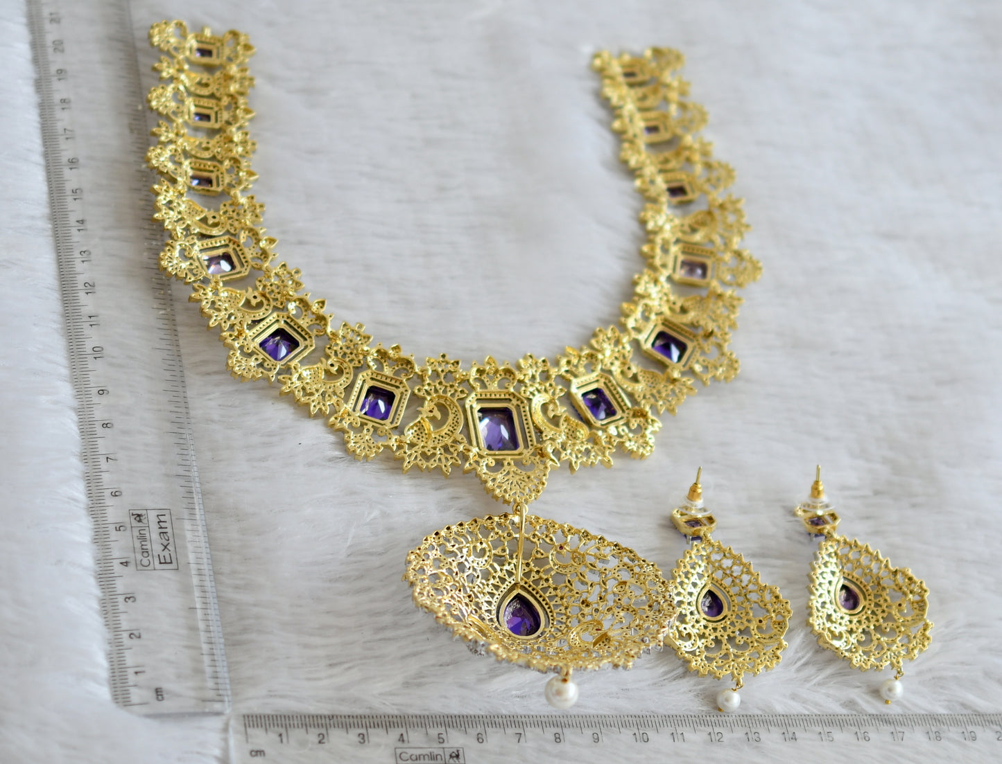 Two tone diamond look alike big cz purple peacock bridal necklace set dj-49045