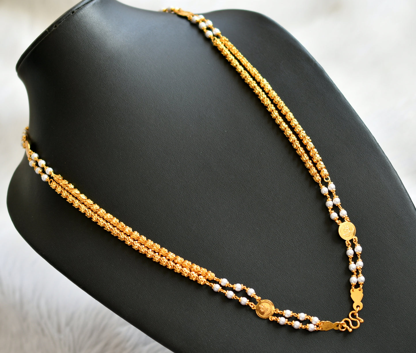 Gold tone 24 inches double layer pearl lakshmi coin chain dj-45528