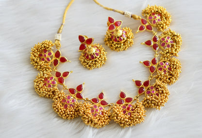 Antique gold tone ruby cluster necklace set dj-03705