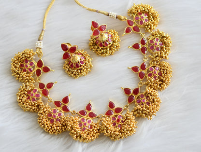 Antique gold tone ruby cluster necklace set dj-03705