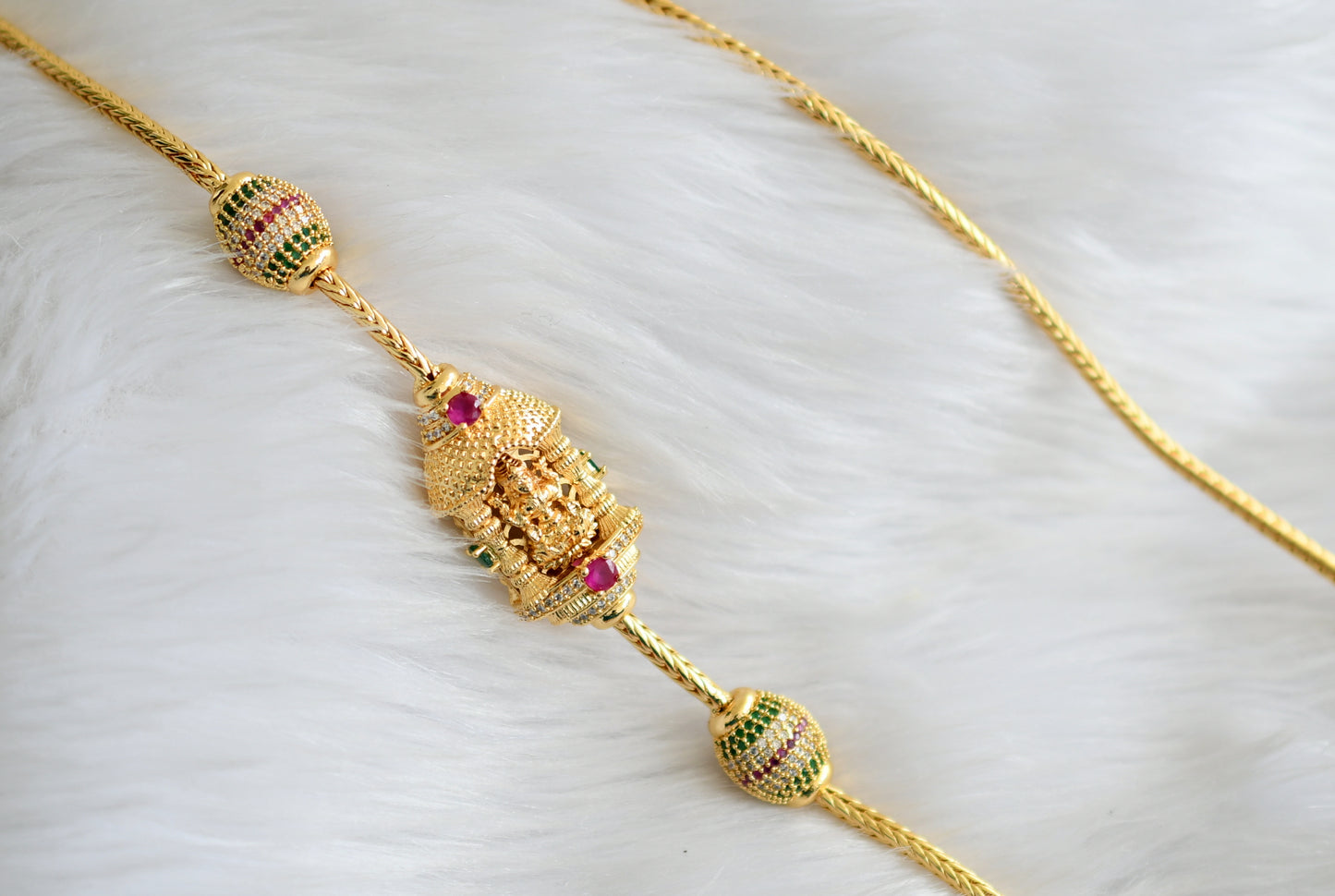 Gold tone cz ruby-green-white stone 24 inches lakshmi muggapu chain dj-43828