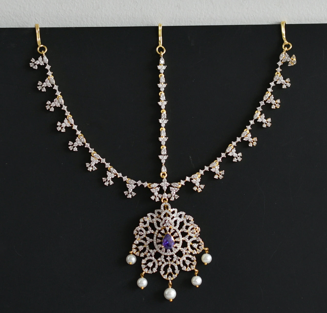 Two tone cz purple-pearl maang tikka dj-49053