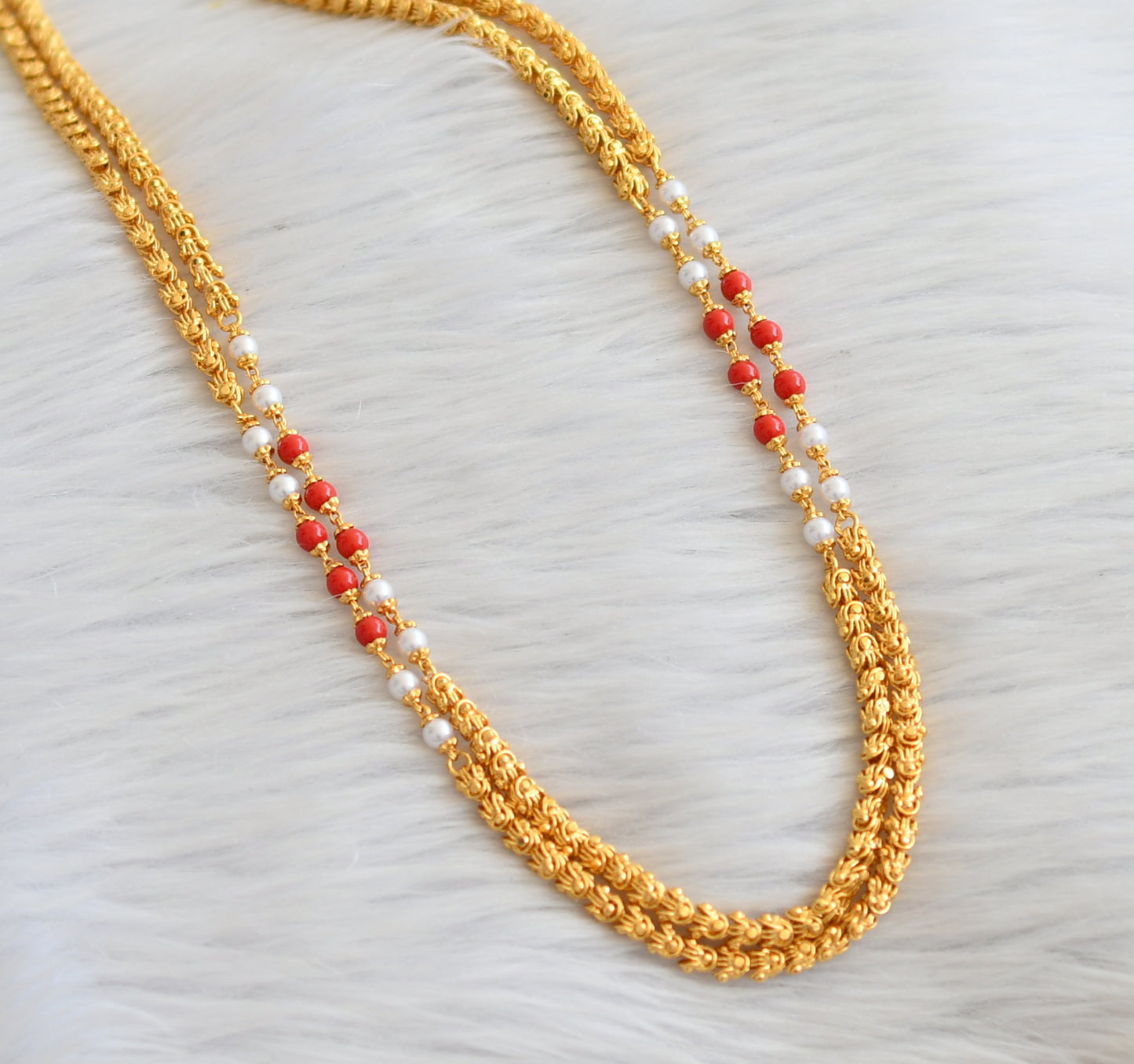 Gold tone 24 inches pearl-coral double layer chain dj-45532