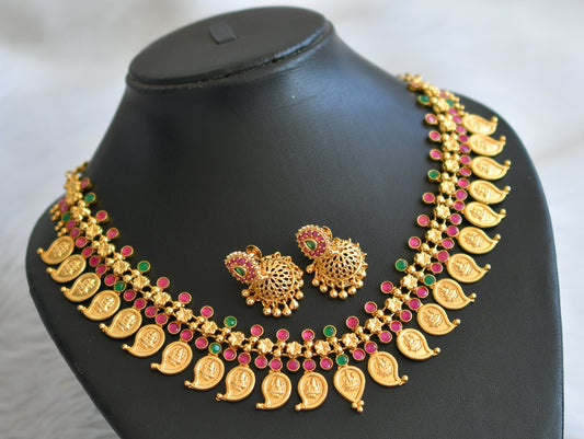 Gold tone ruby-green mango lakshmi coin necklace set dj-45536