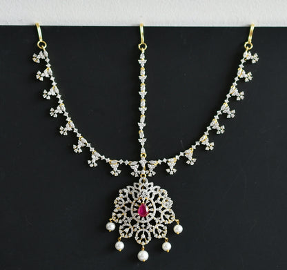 Two tone cz ruby stone pearl maang tikka dj-49051