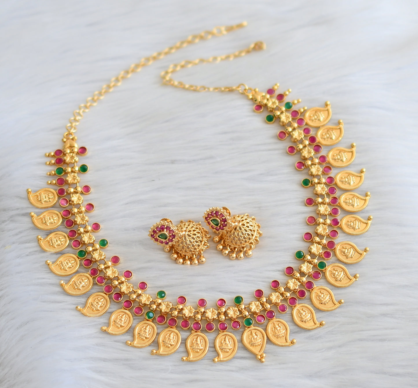 Gold tone ruby-green mango lakshmi coin necklace set dj-45536