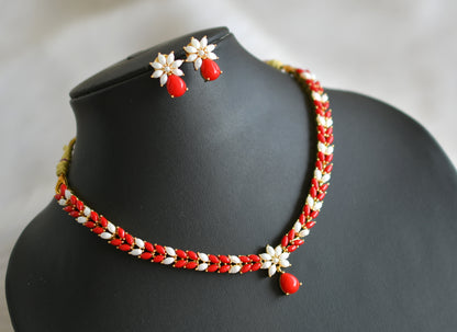 Gold tone pearl-coral flower necklace set dj-16929