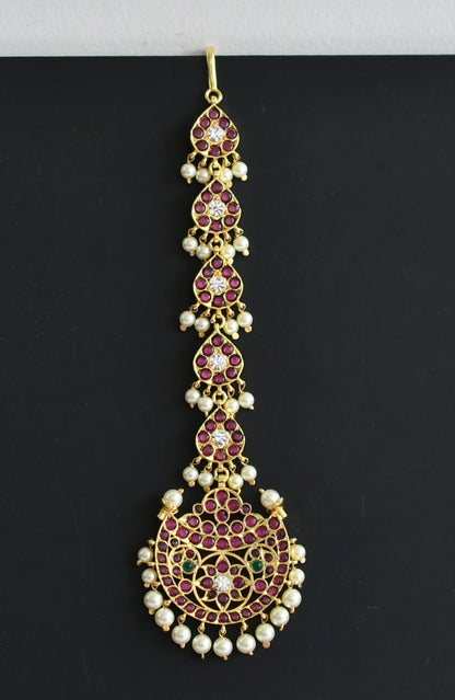 Gold tone precious kemp-green-white pearl moon tikka dj-51001