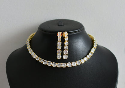 Gold tone cz white round stone necklace set dj-49043