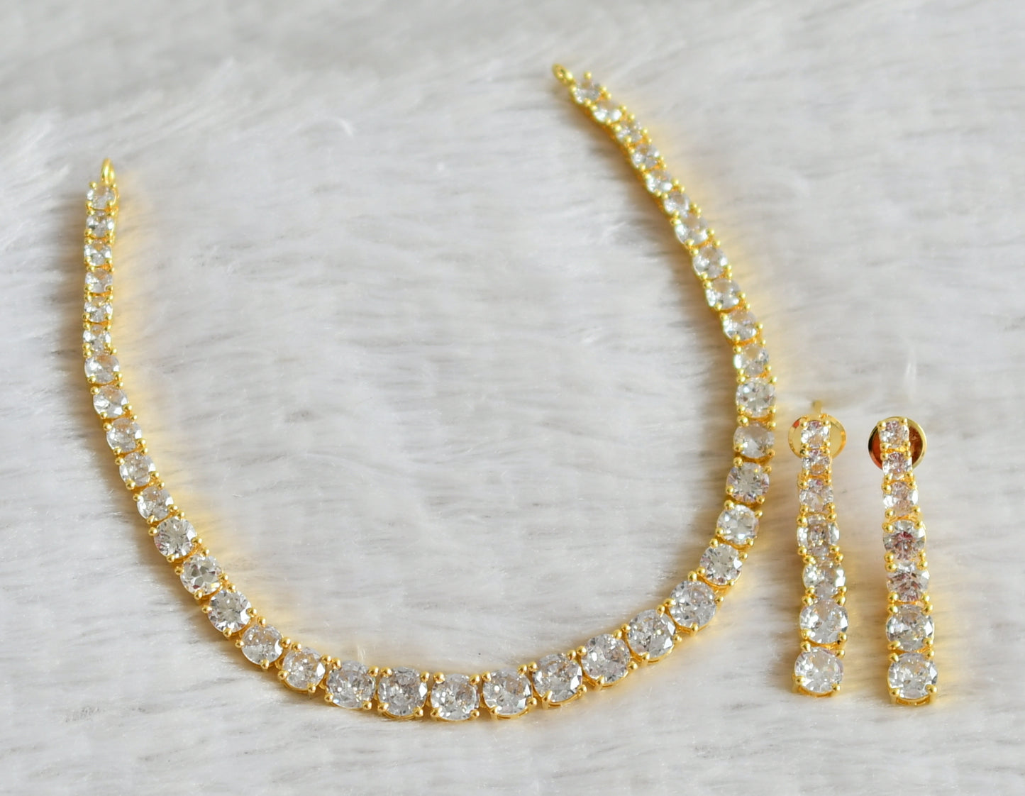 Gold tone cz white round stone necklace set dj-49043