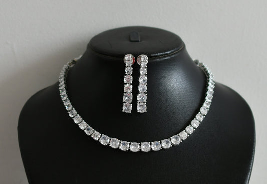 Silver tone cz white round necklace set dj-49042