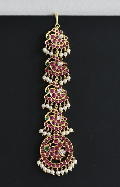 Gold tone precious kemp-green-white pearl peacock tikka dj-51002
