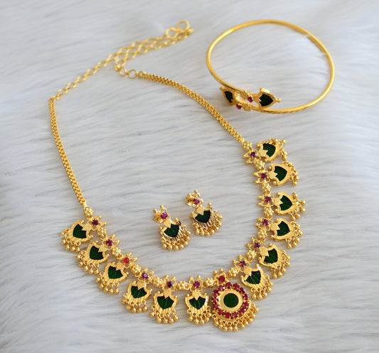 Gold tone pink-green palakka necklace combo set dj-45539