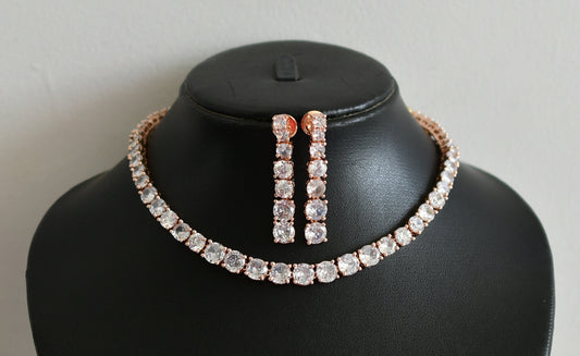 Rose gold tone cz white round stone necklace set dj-49041