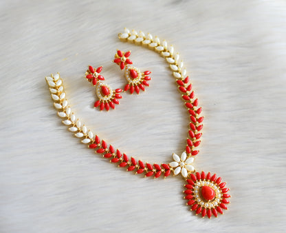 Gold tone pearl-coral flower necklace set dj-15015
