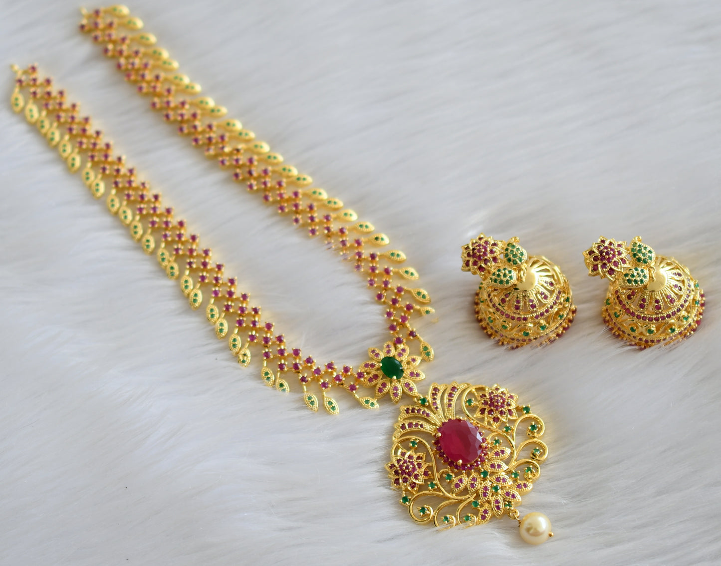 Gold tone ruby-emerald mango necklace set dj-03763