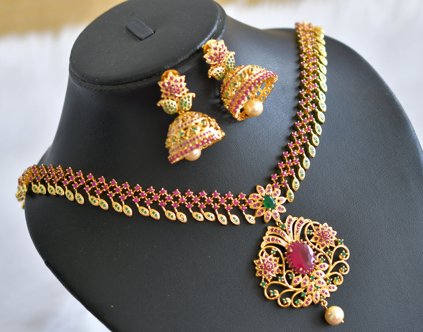 Gold tone ruby-emerald mango necklace set dj-03763