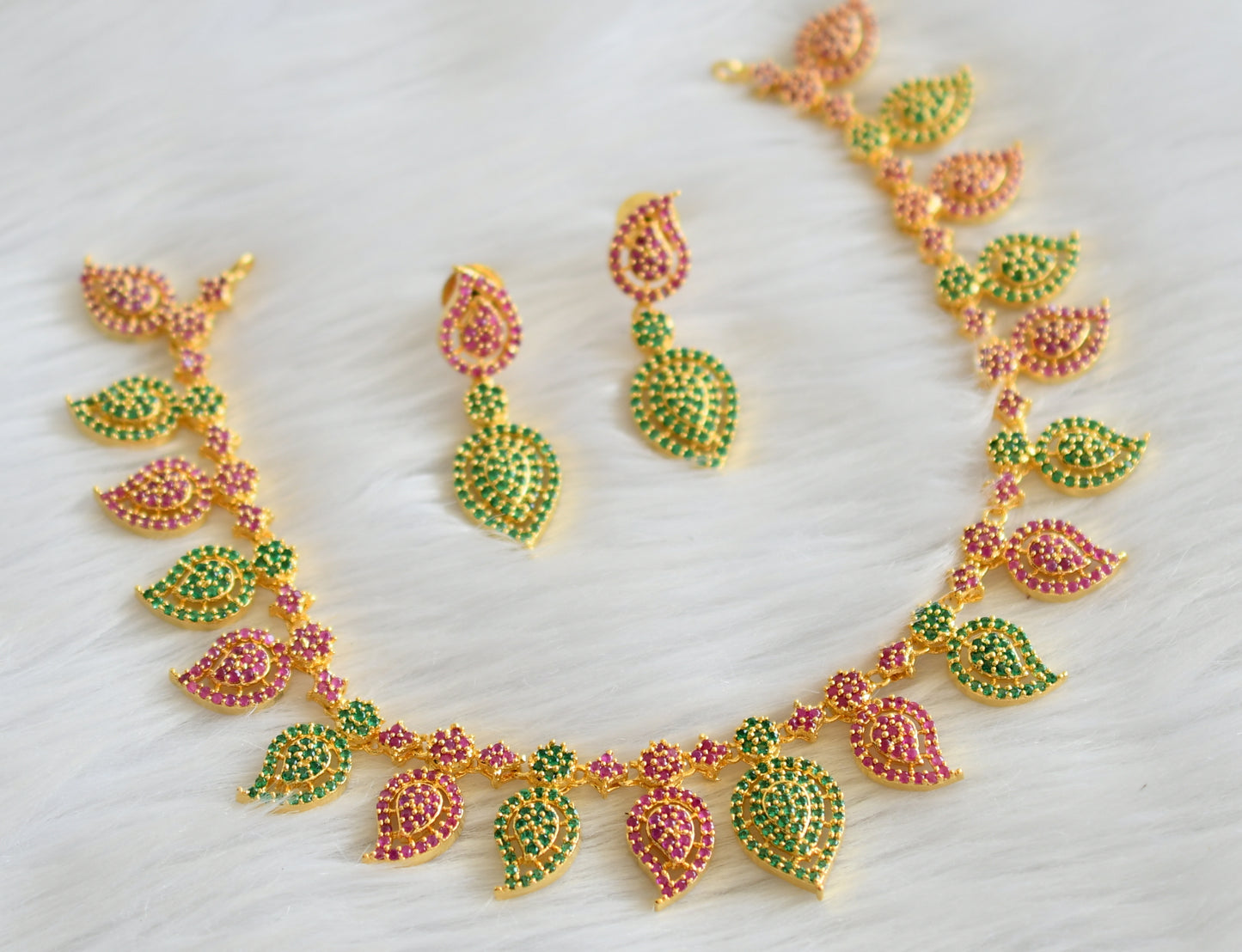 Gold tone ruby-emerald mango necklace set dj-03821