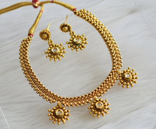 Antique gold tone white kundan necklace set dj-03919