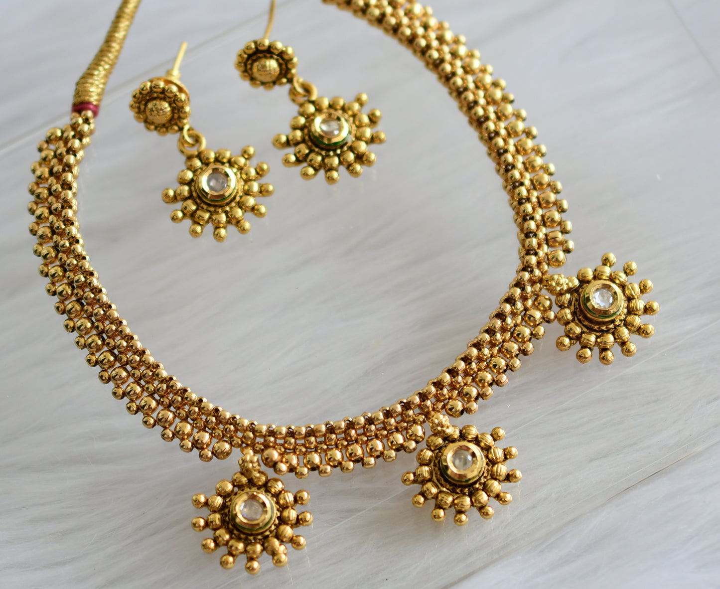 Antique gold tone white kundan necklace set dj-03919