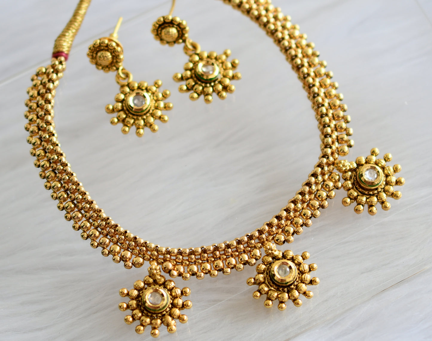 Antique gold tone white kundan necklace set dj-03919