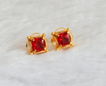 Gold tone red block stone earrings dj-47246