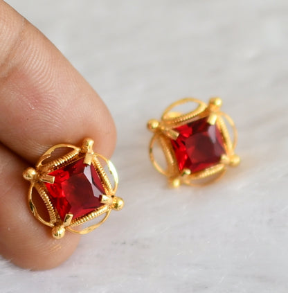 Gold tone red block stone earrings dj-47246