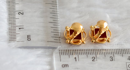 Gold tone red block stone earrings dj-47246