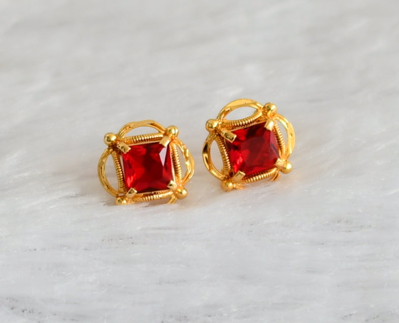 Gold tone red block stone earrings dj-47247