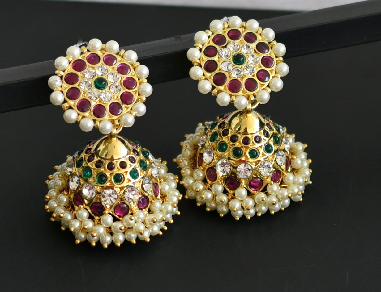 Gold tone precious kemp-green-white pearl jhumkka dj-50999