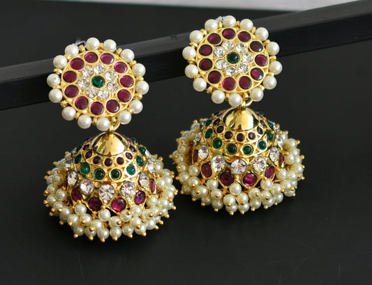 Gold tone precious kemp-green-white pearl jhumkka dj-50999