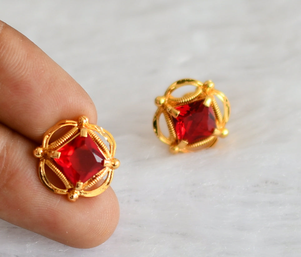 Gold tone red block stone earrings dj-47247