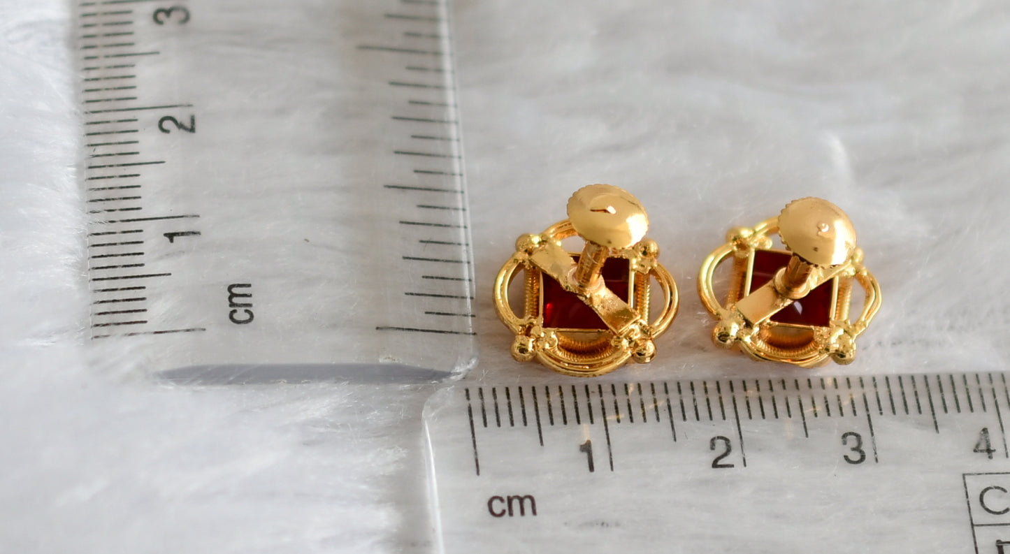 Gold tone red block stone earrings dj-47247