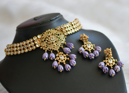 Matte finish cz white purple tulip bead choker necklace set dj-45544
