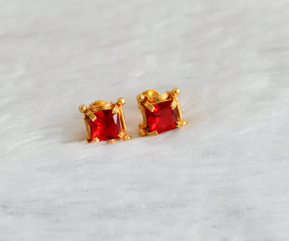 Gold tone red block stone earrings dj-47242