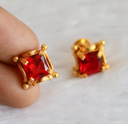 Gold tone red block stone earrings dj-47242