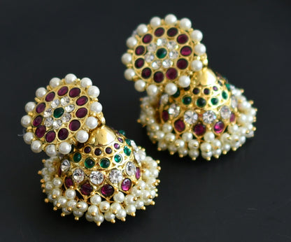 Gold tone precious kemp-green-white pearl jhumkka dj-50999