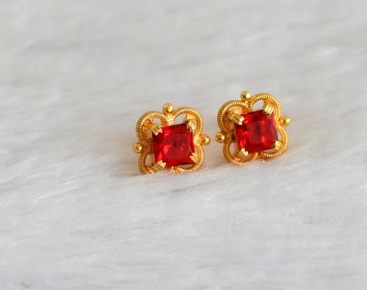 Gold tone red block stone earrings dj-47243