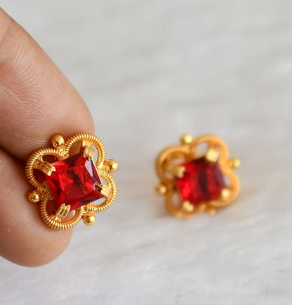 Gold tone red block stone earrings dj-47243