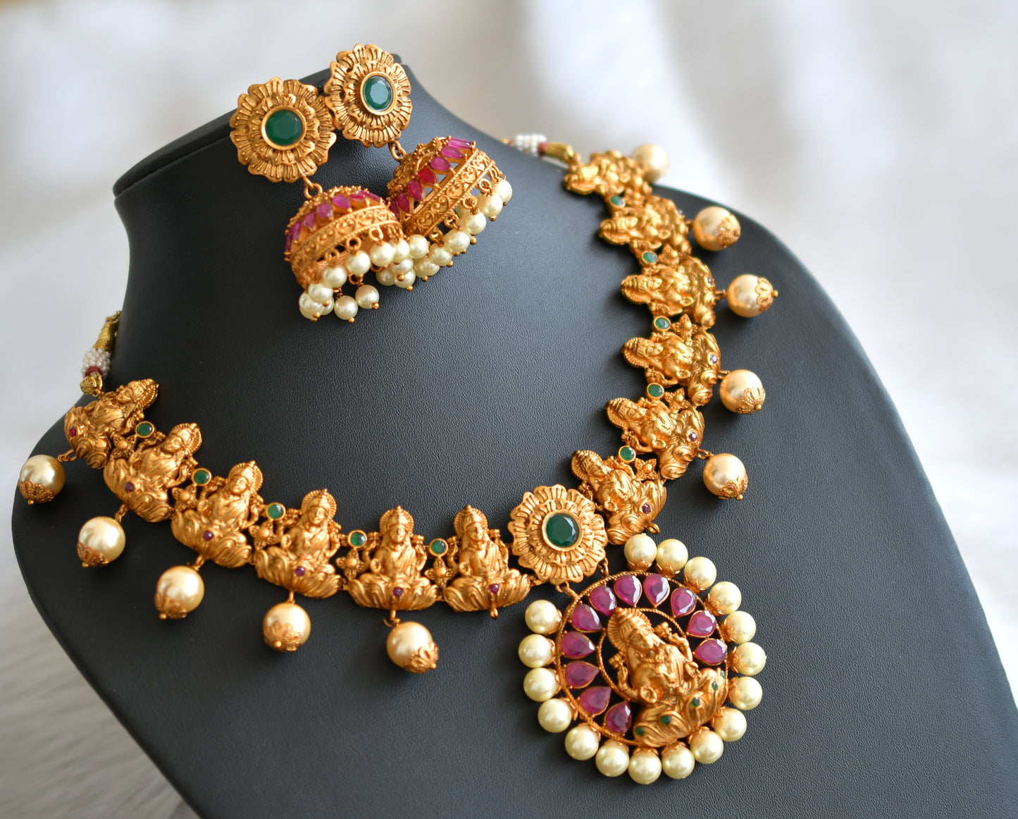 Matte finish ruby-green bridal lakshmi necklace set dj-09233