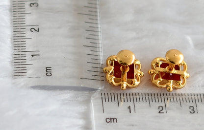 Gold tone red block stone earrings dj-47243