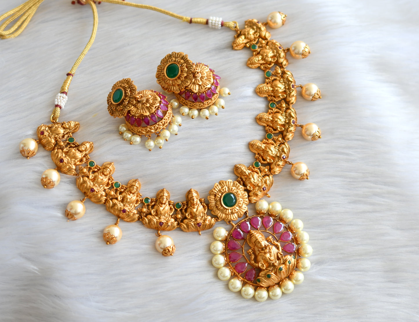 Matte finish ruby-green bridal lakshmi necklace set dj-09233