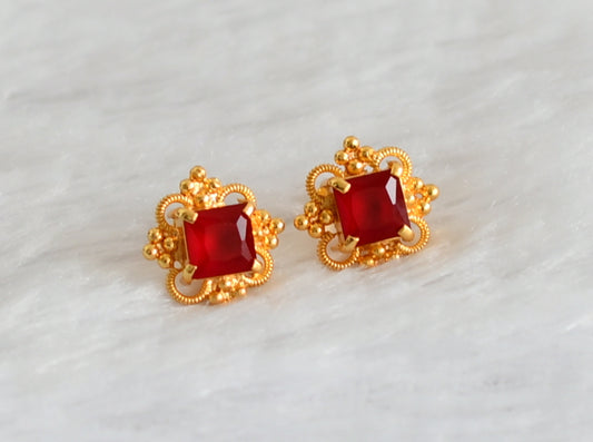 Gold tone red block stone earrings dj-47244