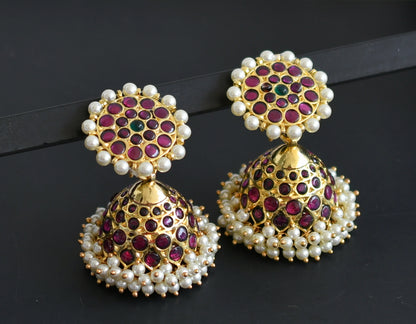 Gold tone precious kemp-green pearl jhumkka dj-50998