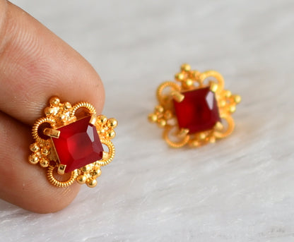 Gold tone red block stone earrings dj-47244