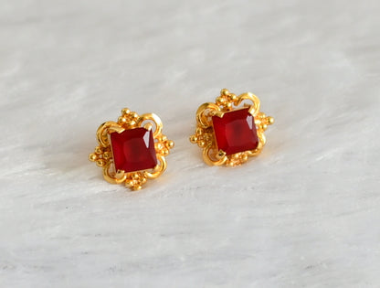 Gold tone red block stone earrings dj-47241