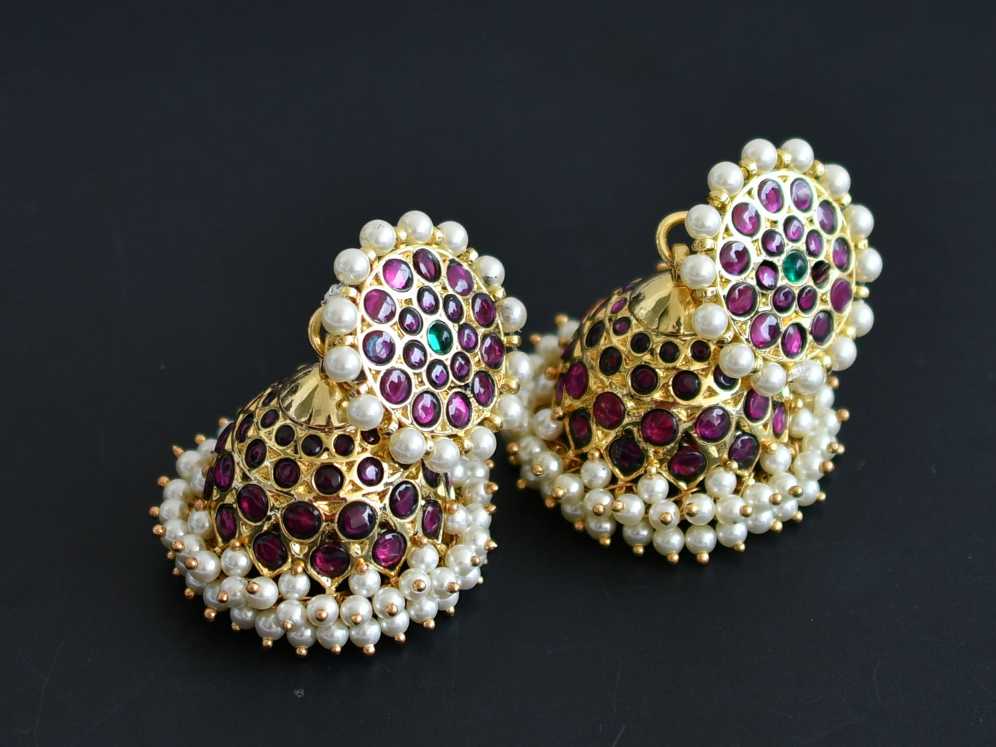 Gold tone precious kemp-green pearl jhumkka dj-50998