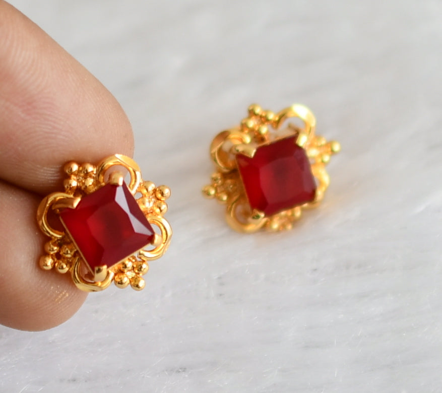 Gold tone red block stone earrings dj-47241