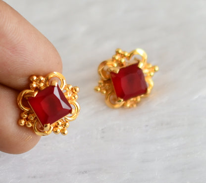 Gold tone red block stone earrings dj-47241